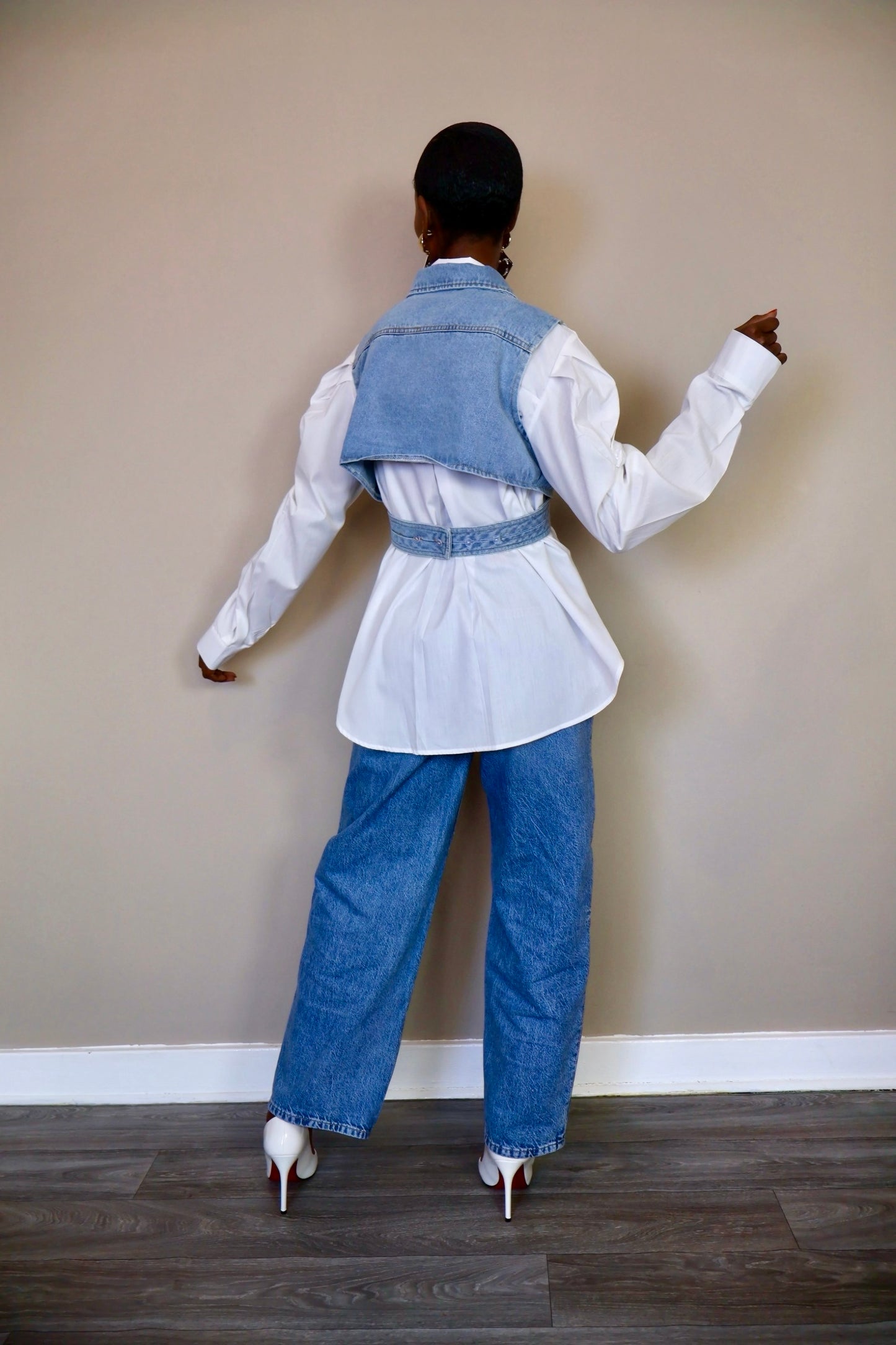 Layered Denim Vest and Classic White Shirt Set