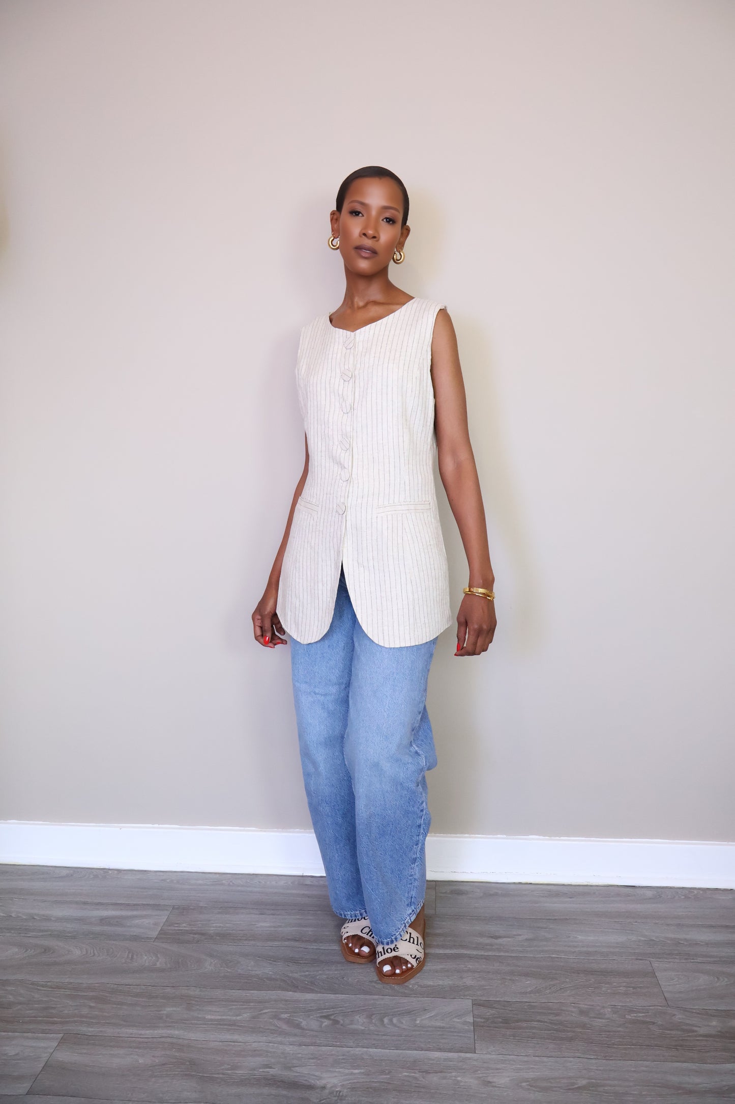 Beige Striped Sleeveless Top