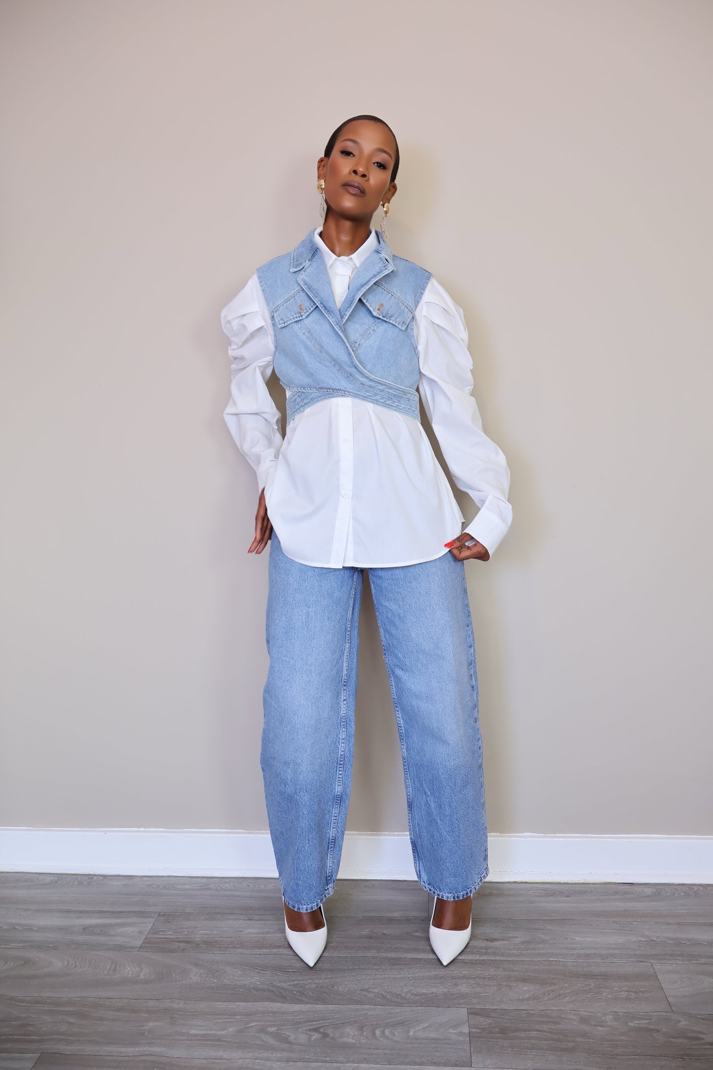 Layered Denim Vest and Classic White Shirt Set