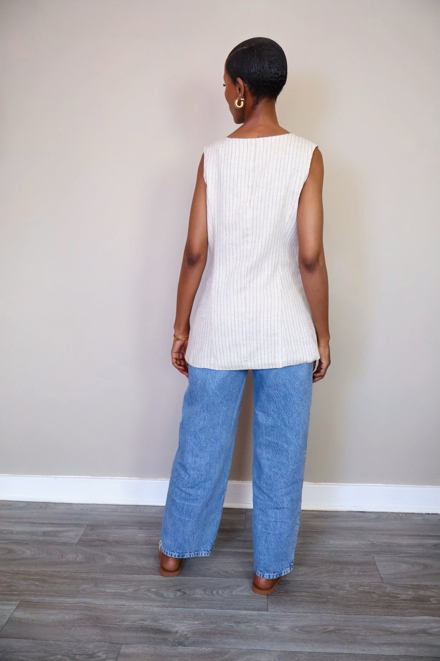Beige Striped Sleeveless Top