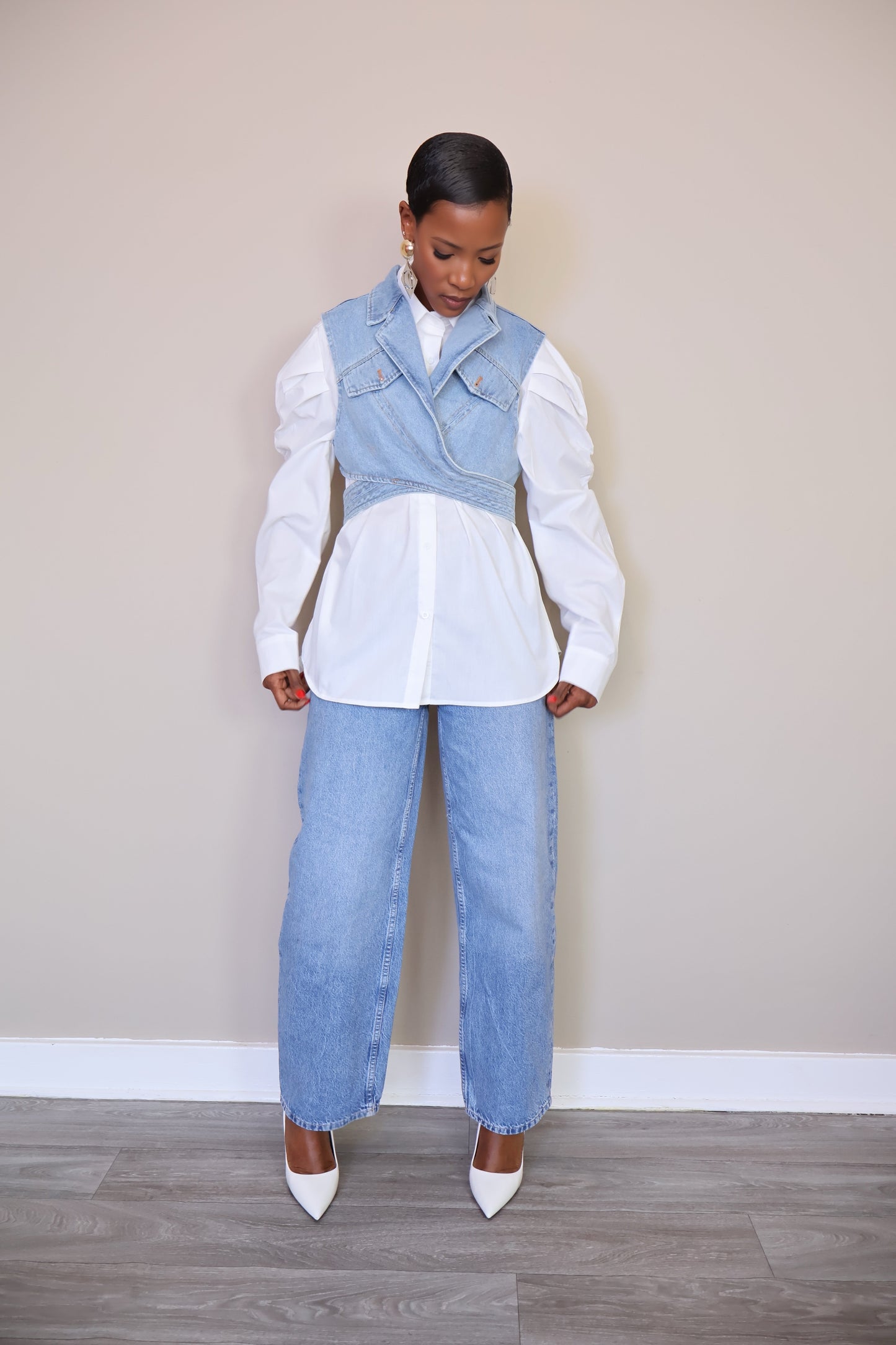 Layered Denim Vest and Classic White Shirt Set