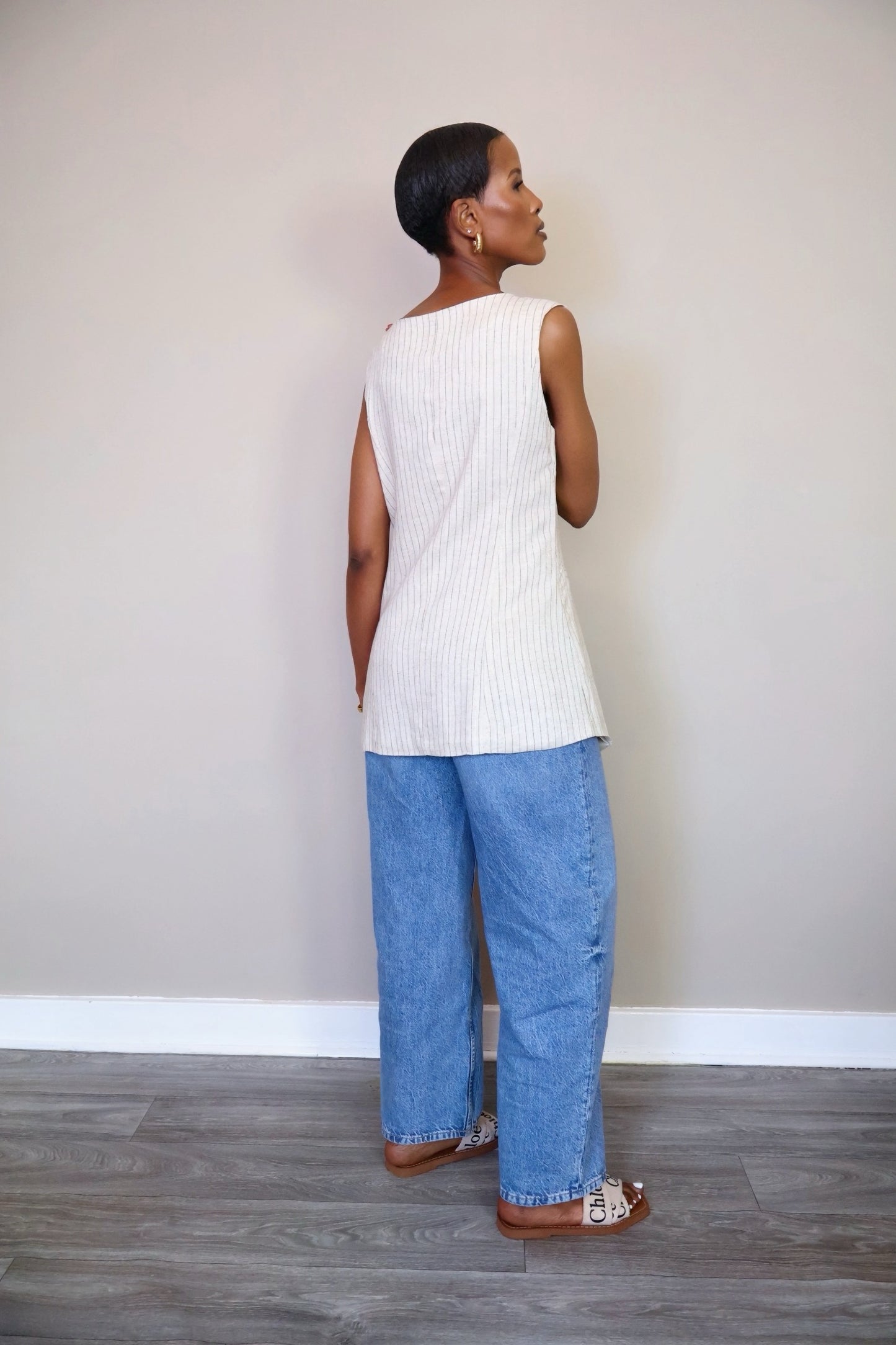 Beige Striped Sleeveless Top