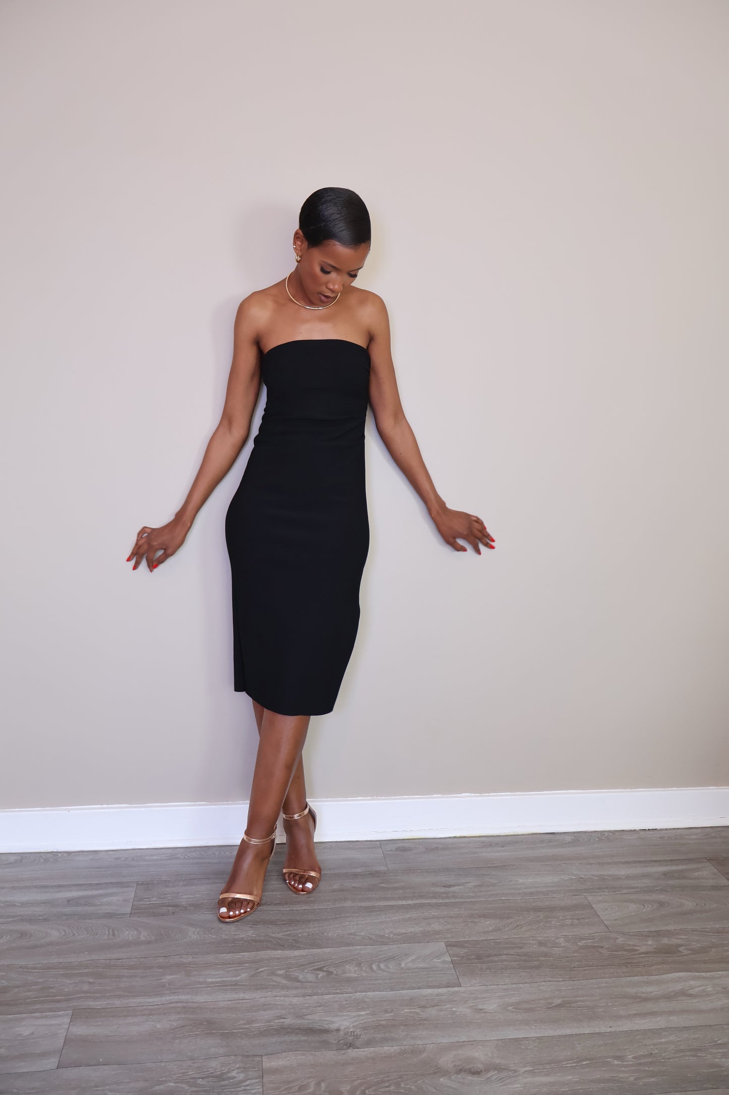 Sleek Strapless Midi Dress