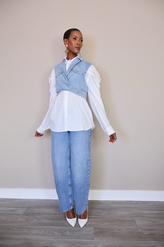 Layered Denim Vest and Classic White Shirt Set